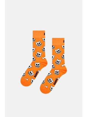 Happy Socks - Turuncu Iskelet Kedi Desenli Pamuklu Çorap