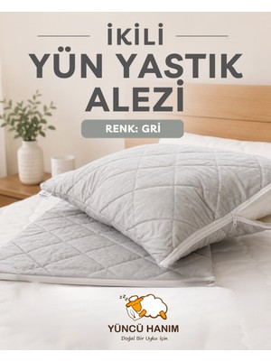 Yüncü Hanım Gri Renkli Kuzu Yünü Dolgulu Kapitoneli Yastık Alezi , Doğal Pamuk Kumaş 50X70 cm (2 Adet)