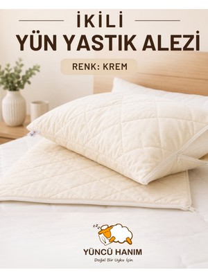 Yüncü Hanım Krem Renkli Kuzu Yünü Dolgulu Kapitoneli Yastık Alezi , Doğal Pamuk Kumaş 50X70 cm (2 Adet)