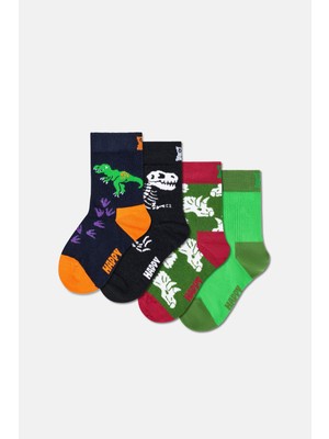 Happy Socks - Çok Renkli Çocuk 4’lü Dinozor Yeşil Pamuklu Çorap Seti