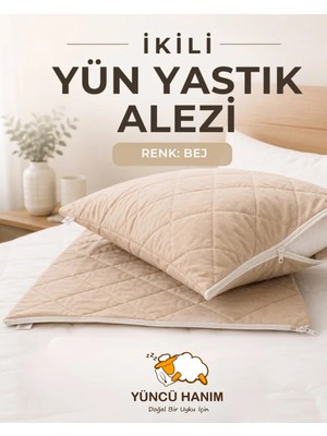 Yüncü Hanım Bej Renkli Kuzu Yünü Dolgulu Kapitoneli Yastık Alezi , Doğal Pamuk Kumaş 50X70 cm (2 Adet)