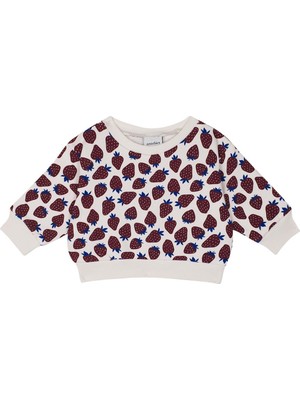Antebies Organik Gots Sertifikalı Çilek Tarlası Desenli, Uzun Kollu, Ribanalı Bebek Sweatshirtü