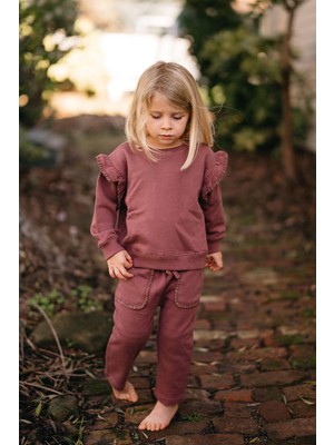 Antebies Organik Gots Sertifikalı Bordo, Dantel Detaylı, Uzun Kollu Bebek Sweatshirtü