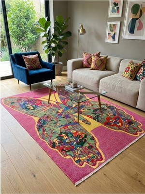 Has 1950 Pembe Dijital Baskı Kelebek Desenli Modern Dekoratif Halı