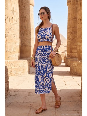 Lela Slim Fit Ip Askılı Yırtmaçlı Midi Alt-Üst Takım Bayan Takım 5865726