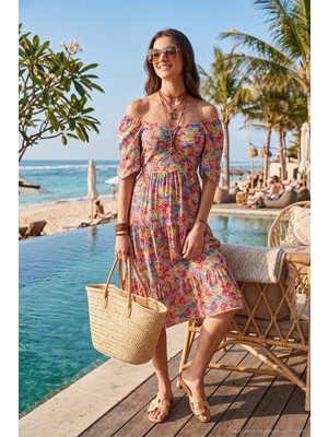 Lela Desenli Oversize Fit Carmen Yaka Büzgü Detaylı Midi Boy Elbise Bayan Elbise 67810557