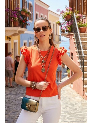Lela Pamuklu Kolları Fırfırlı Slim Fit Bisiklet Yaka T Shirt Kadın T Shirt 5864500
