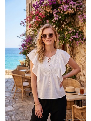 Lela Regular Fit Önden Bağlamalı Volanlı Bluz Bayan Bluz 611FB20064