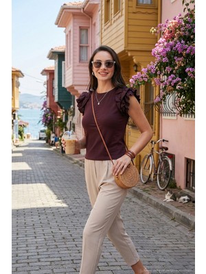 Lela Pamuklu Kolları Fırfırlı Slim Fit Bisiklet Yaka T Shirt Bayan T Shirt 5864500