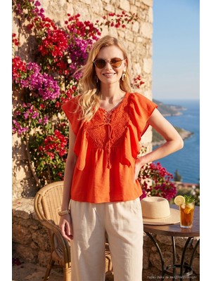 Lela Regular Fit Önden Bağlamalı Volanlı Bluz Bayan Bluz 611FB20064