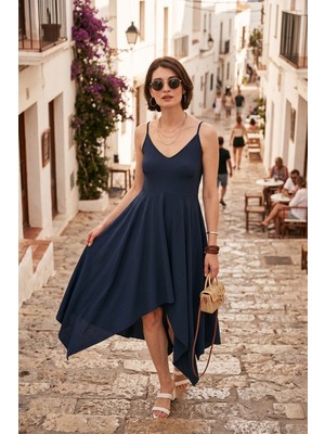 Lela Asimetrik Kesim Regular Fit Midi Boy Askılı V Yaka Elbise Bayan Elbise 5866131