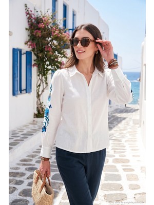 Lela Pamuklu Balon Kollu Regular Fit Çiçek Nakışlı Gömlek Bayan Gömlek 611GO003