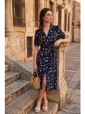 Lela Desenli Regular Fit Yırtmaçlı Midi Boy Kemerli Gömlek Elbise Bayan Elbise 6782106