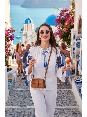 Lela Nakışlı Oversize Fit Bağlamalı Hakim Yaka Gömlek Bayan Gömlek 676206