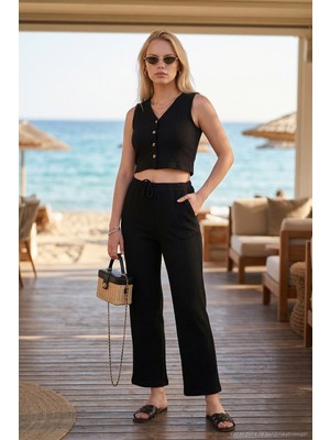 Lela Regular Fit V Yaka Yelek-Pantolon Gofre Takım Bayan Takım 5866484