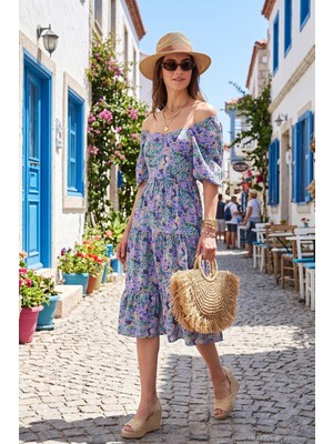 Lela Desenli Oversize Fit Carmen Yaka Büzgü Detaylı Midi Boy Elbise Bayan Elbise 6782169