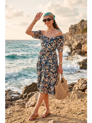 Lela Desenli Oversize Fit Carmen Yaka Büzgü Detaylı Midi Boy Elbise Bayan Elbise 6782169