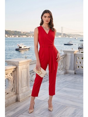 Lela Slim Fit Düz Paça Kruvaze Yaka Kemerli Tulum Bayan Tulum 6783626