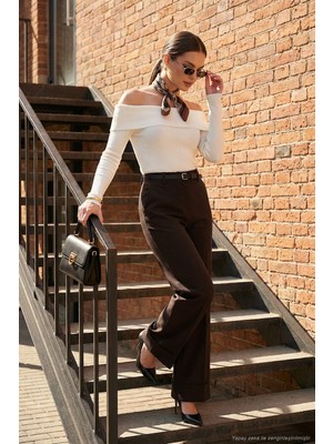 Lela Wide Leg Yüksek Bel Kıvırma Detaylı Bol Paça Kemerli Pantolon Bayan Pantolon 6923841