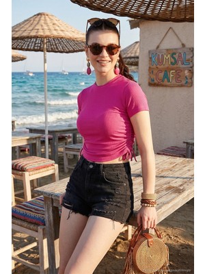 Lela Yanlardan Büzgülü Kısa Kollu Crop Bluz Bayan Bluz 5864010