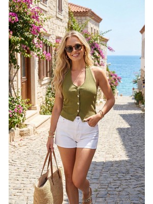 Lela Fitilli Fitted Fit Halter Yaka Sırt Dekolteli Yelek Bayan Yelek 5866515