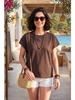 Lela Pamuklu Rahat Kalıp Bisiklet Yaka T Shirt Bayan T Shirt 5866955