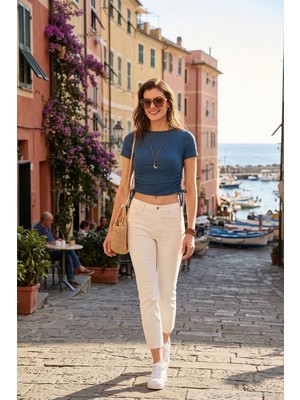 Lela Yanlardan Büzgülü Kısa Kollu Crop Bluz Bayan Bluz 5864010