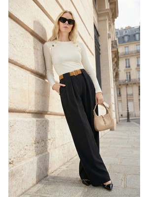 Lela Wide Leg Yüksek Bel Bol Paça Kemer Detaylı Pantolon Bayan Pantolon 6923855