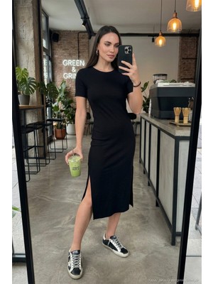 Lela Regular Fit Bisiklet Yaka Yırtmaç Detaylı Midi Elbise Bayan Elbise 5866165