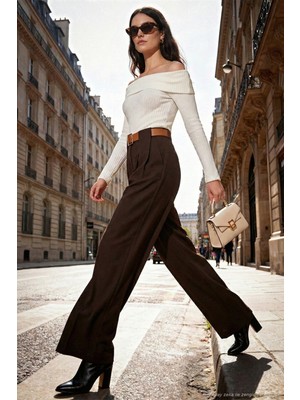 Lela Wide Leg Yüksek Bel Bol Paça Kemer Detaylı Pantolon Bayan Pantolon 6923855