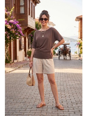 Lela Standart Fit Drape Detaylı Yarasa Kol T Shirt Bayan T Shirt 5866962