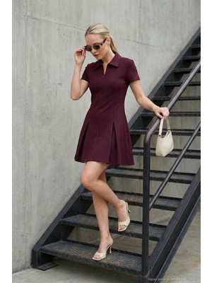 Lela Fitted Fit Klasik Yaka Fermuar Detaylı Pileli Mini Elbise Bayan Elbise 5866659