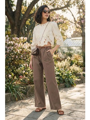 Lela Pamuklu Wide Leg Yüksek Bel Geniş Paça Kemerli Pantolon Bayan Pantolon 668YP5429