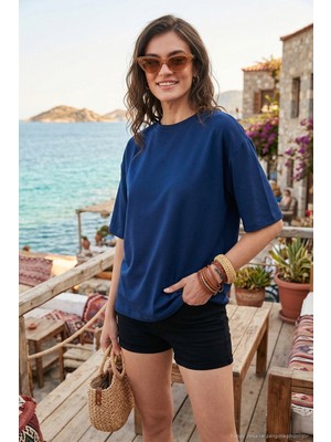 Lela Streç Oversize Fit Bisiklet Yaka T Shirt Bayan T Shirt 5865911
