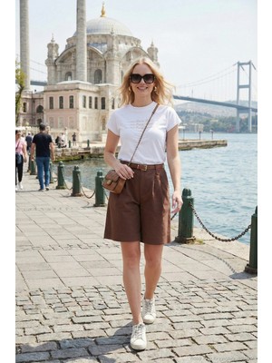 Lela Pamuklu Loose Fit Pileli Kemerli Bermuda Şort Bayan Şort 668YP5439