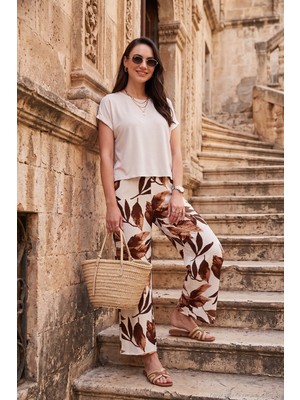 Lela Desenli Beli Lastikli Bol Paça Pantolon Bayan Pantolon 5869018