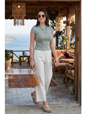 Lela Keten Karışımlı Regular Fit Normal Bel Geniş Paça Pantolon Bayan Pantolon 5866030