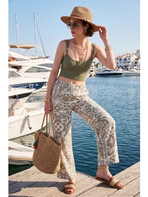 Lela Desenli Standart Fit Yüksek Bel Geniş Paça Pantolon Bayan Pantolon 5869019