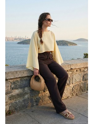 Lela Pamuklu Bağlamalı Relaxed Fit Yüksek Bel Geniş Paça Müslim Pantolon Bayan Pantolon 5866663