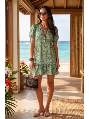 Lela Regular Fit V Yaka Balon Kol Desenli Mini Elbise Bayan Elbise 67810045