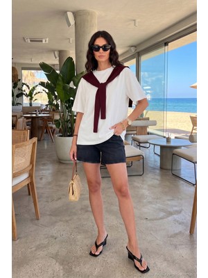 Lela Rahat Kalıp Bisiklet Yaka Omuz Şal Detaylı T Shirt Bayan T Shirt 5867044