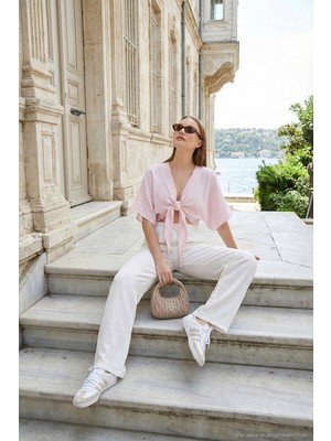 Lela Pamuklu Bağlamalı Relaxed Fit Yüksek Bel Geniş Paça Müslim Pantolon Bayan Pantolon 5866663