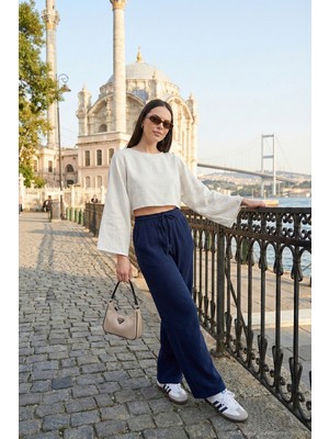 Lela Pamuklu Bağlamalı Relaxed Fit Yüksek Bel Geniş Paça Müslim Pantolon Bayan Pantolon 5866663
