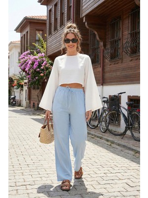 Lela Pamuklu Bağlamalı Relaxed Fit Yüksek Bel Geniş Paça Müslim Pantolon Bayan Pantolon 5866663