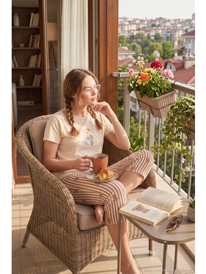 Lela Desenli Pamuklu Bisiklet Yaka Kaprili Pijama Takımı Bayan Pijama Takımı 65790787