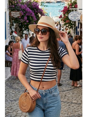 Lela Slim Fit Bisiklet Yaka Çizgili T Shirt Bayan T Shirt 5866110