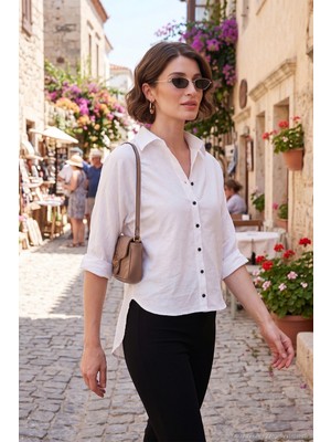 Lela Oversize Fit Önü Kısa Arkası Uzun Truvakar Kol Gömlek Kadın Gömlek 5866116
