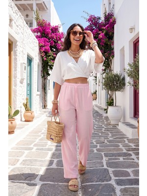 Lela Pamuklu Bağlamalı Relaxed Fit Yüksek Bel Geniş Paça Müslin Pantolon Bayan Pantolon 5866663