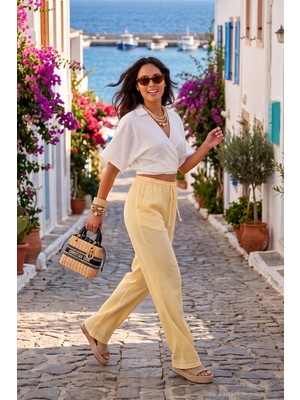 Lela Pamuklu Bağlamalı Relaxed Fit Yüksek Bel Geniş Paça Müslin Pantolon Bayan Pantolon 5866663