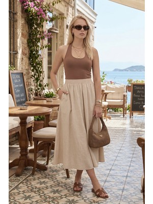 Lela Modest Pamuklu Relaxed Fit Lastikli Bel Tesettür Midi Etek Bayan Etek 668YE4449